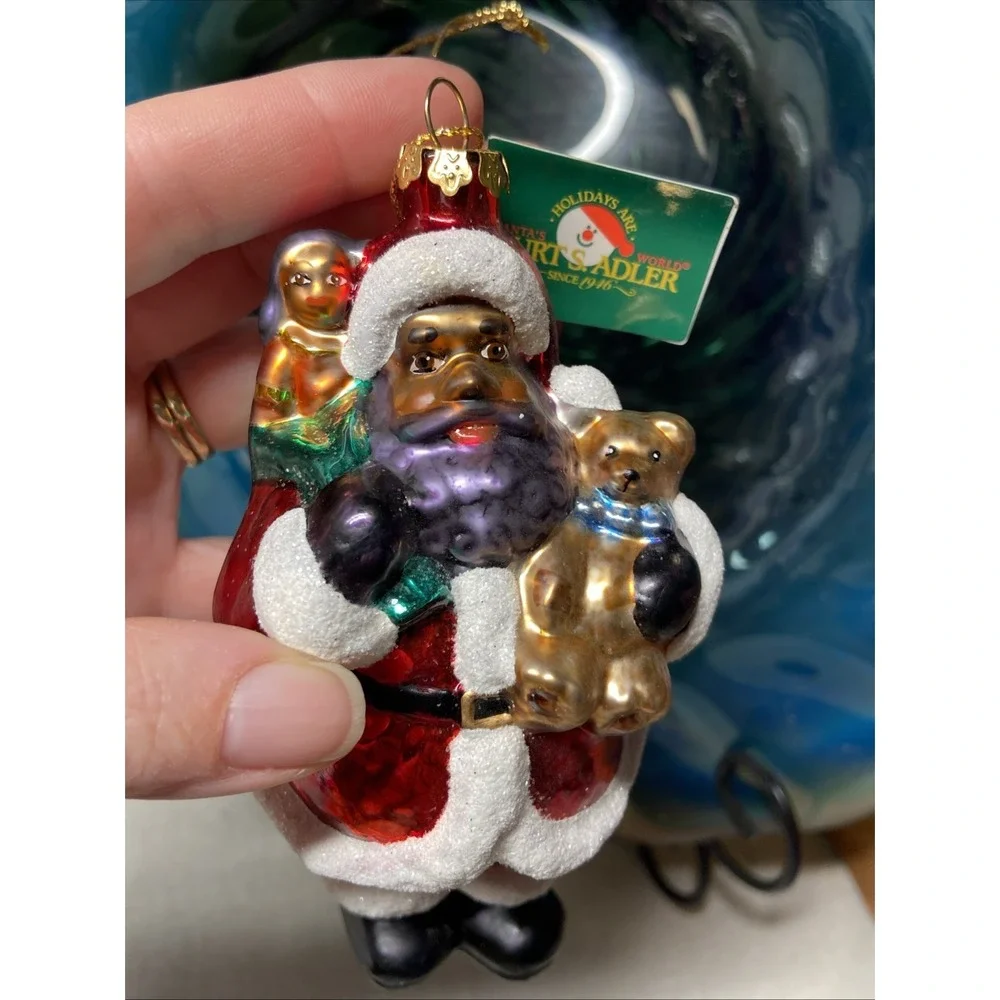 Polonaise Kurt Adler Black American Santa Claus Glass Christmas Ornament Tag+Box
